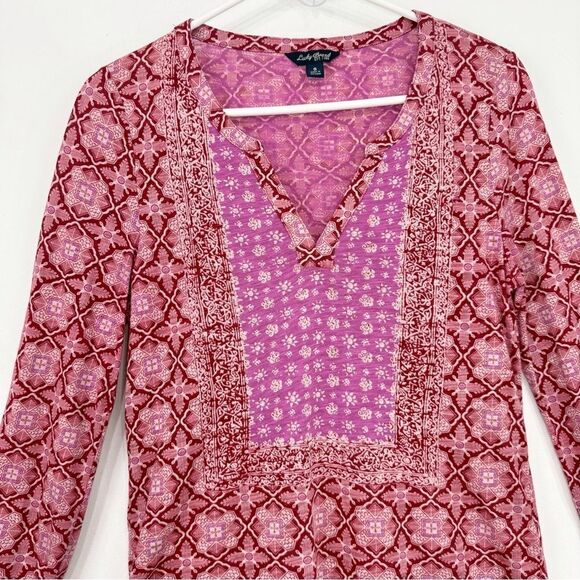 Lucky Brand Pink Red Boho Bandana Print Jersey Knit V Neck Pullover Festival Top - Picture 5 of 15